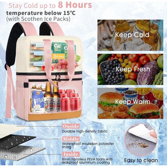 Scothen Backpack Cooler with Double Decker & 12 Ice Packs- Keeps 36 Cans Cold... - Picture 4 of 7